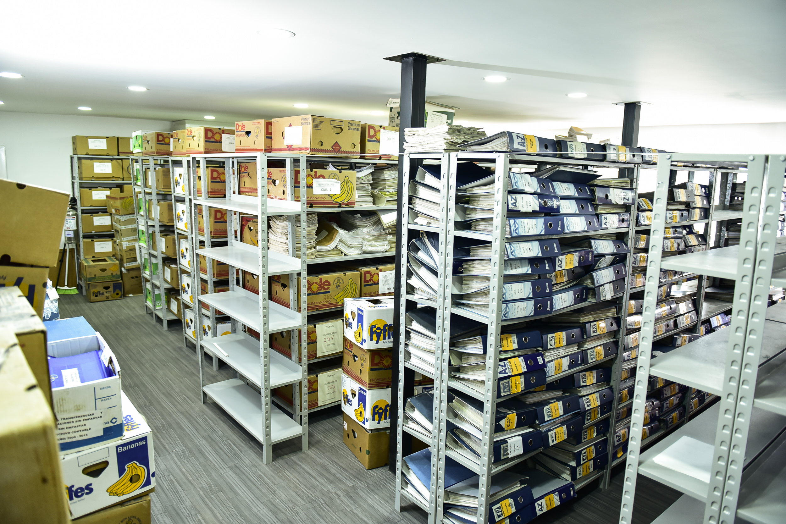 Depósitos en contenedores marítimos y archivadores con estantería